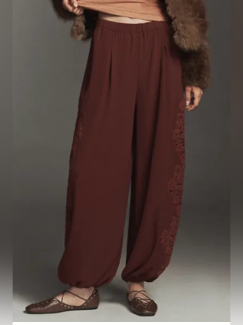 Anthropologie Wide-Leg Embroidered Harem Pants — Burgundy, size L